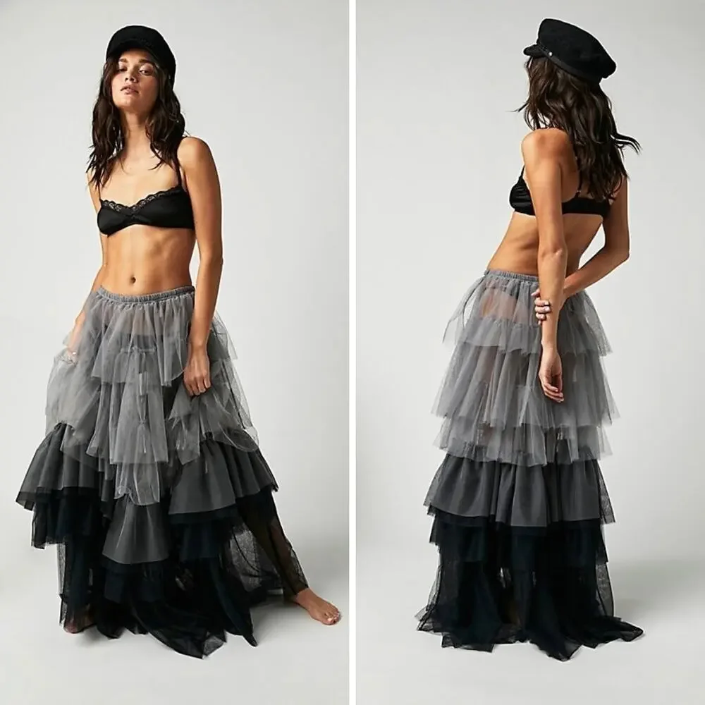 Free People Tulle Tiered Maxi Slip Skirt SIZE L Black Combo Layered Romantic